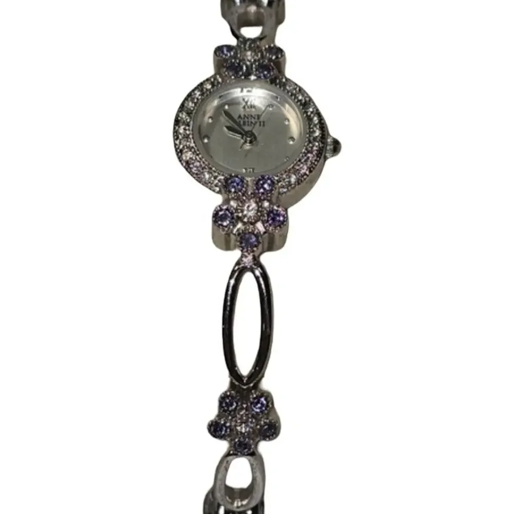 Anne Klein II Silver Tone Crystal Floral Bracelet Watch Purple Accents Dressy